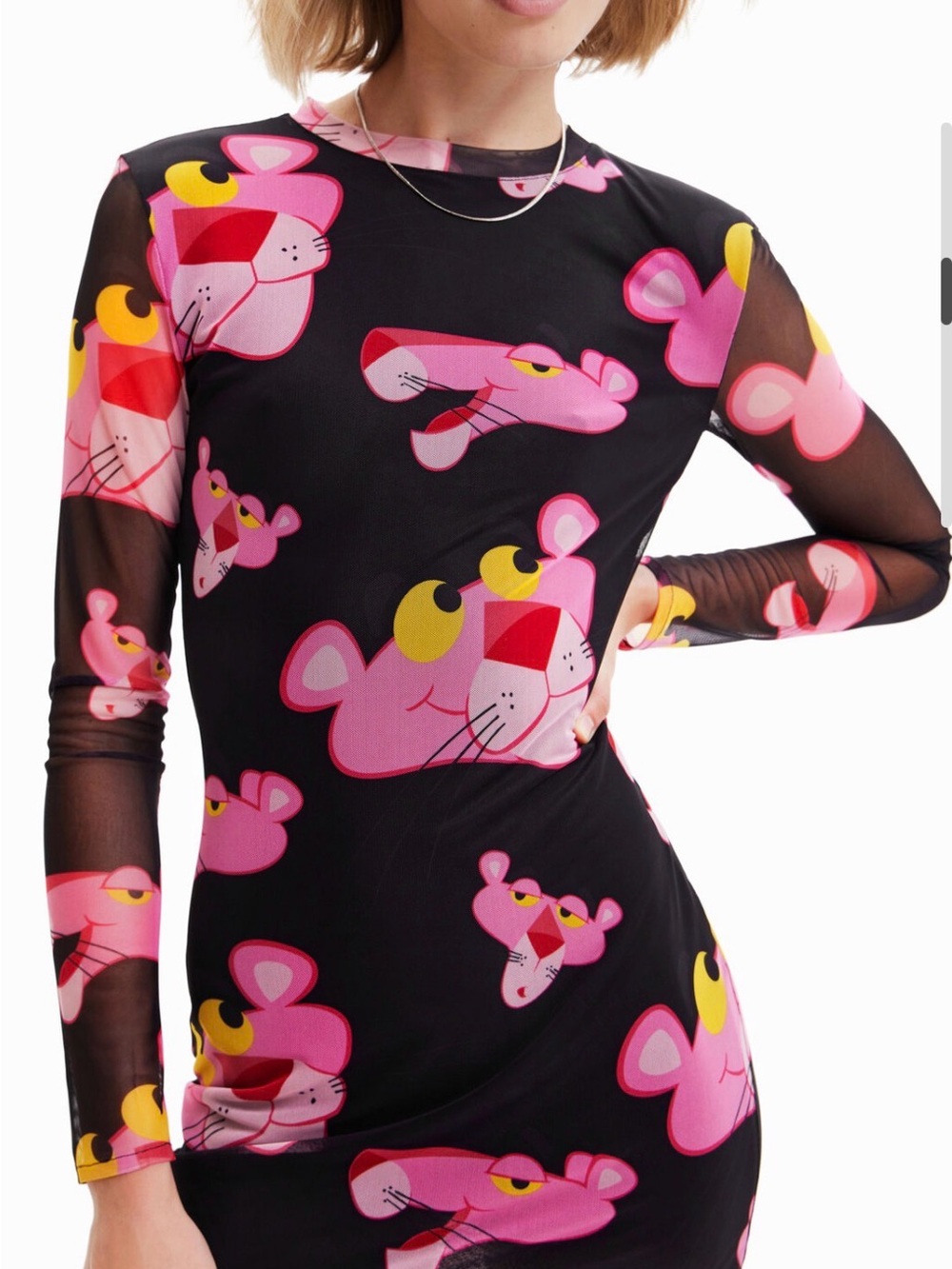 Desigual Black Mesh Long Sleeve Dress with Pink and Yellow Pink Panther Print